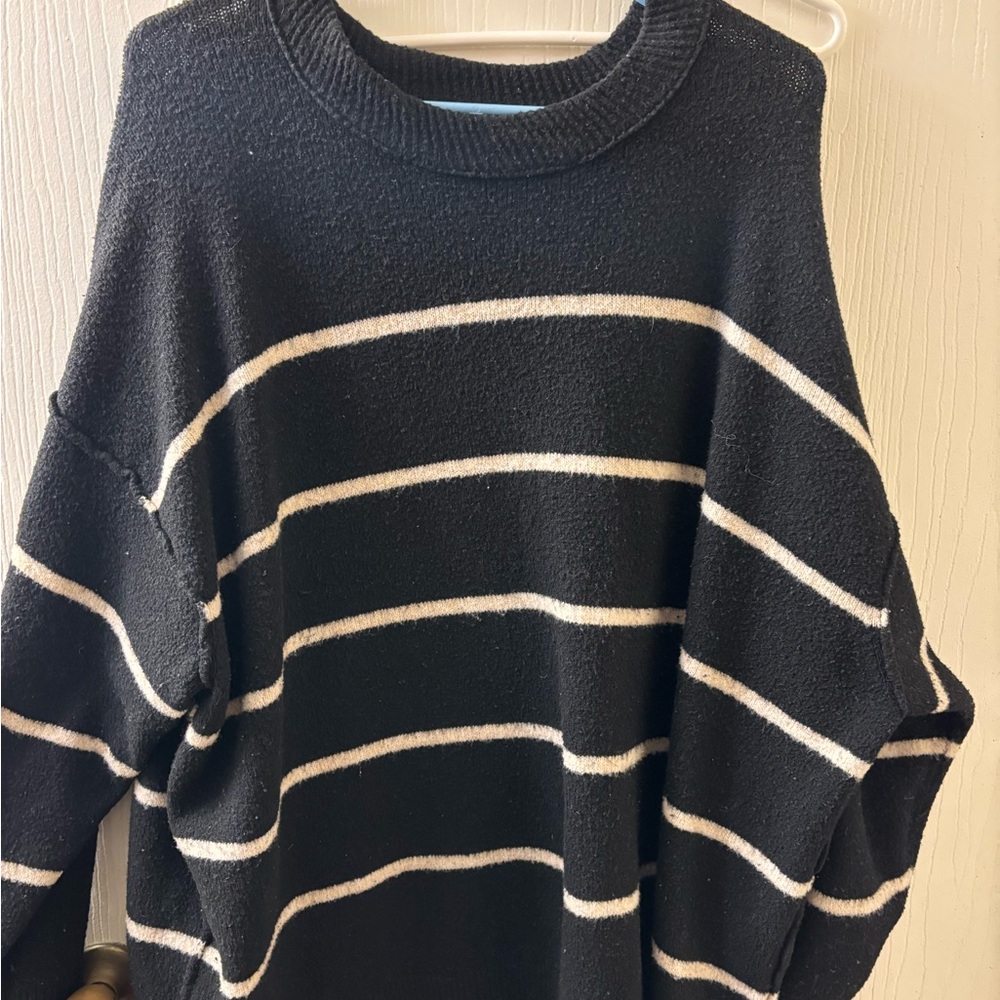 aerie Black & Cream Striped Crewneck Sweater